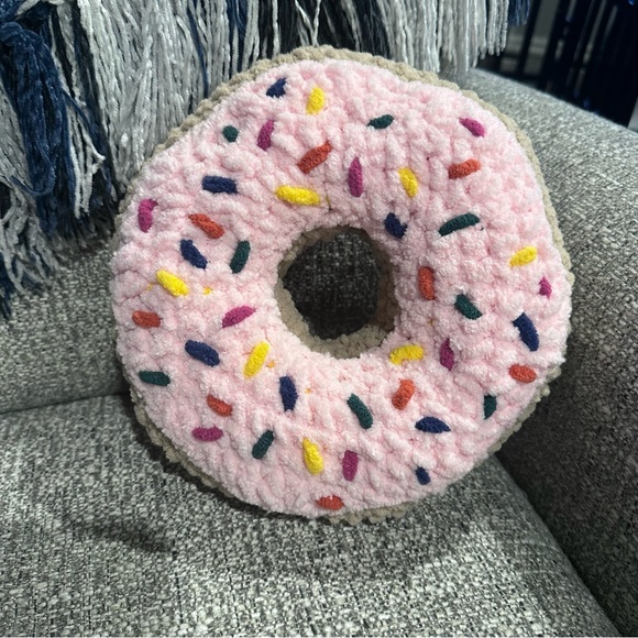 Strawberry glaze hand, knit, doughnut, pillow is soft and plush. Fat free! - Picture 1 of 6